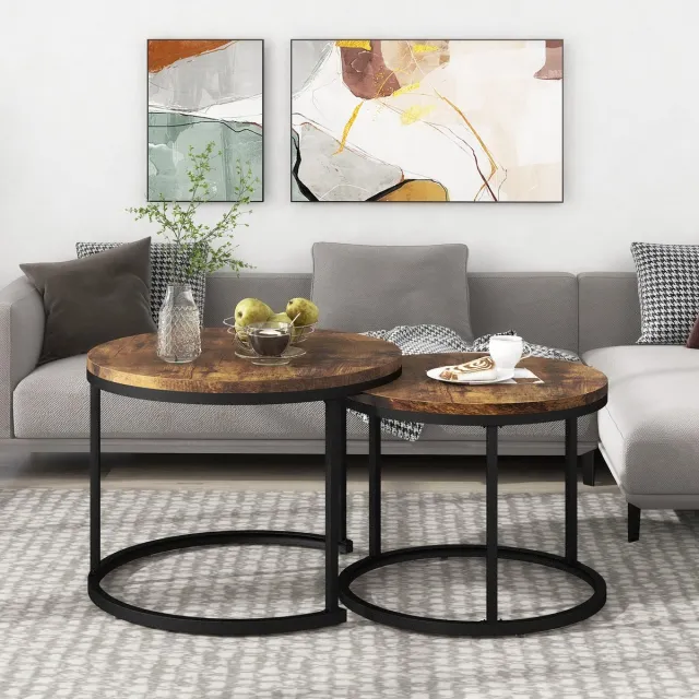 Wishdor Ronde Salontafelset Van 2 - Nestbaar - Modern - Voor Woonkamer - MDF En Metaal - Bruin - 50 x 70,5 cm / 45,5 x 44 cm