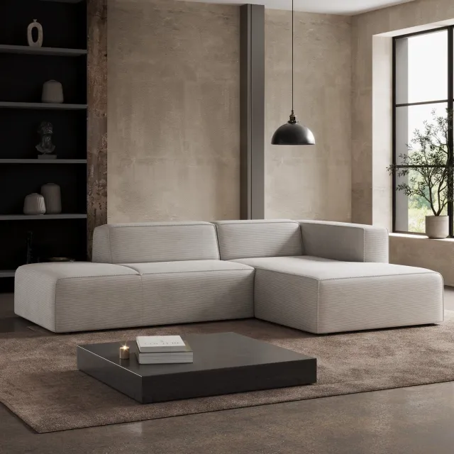 MEUBELLA Lumvar - Hoekbank 3-zits - Ribstof beige - Rechts