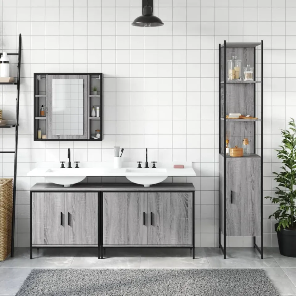 vidaXL 4-delige Badkamermeubelset bewerkt hout grijs sonoma eikenkleur, foto 2