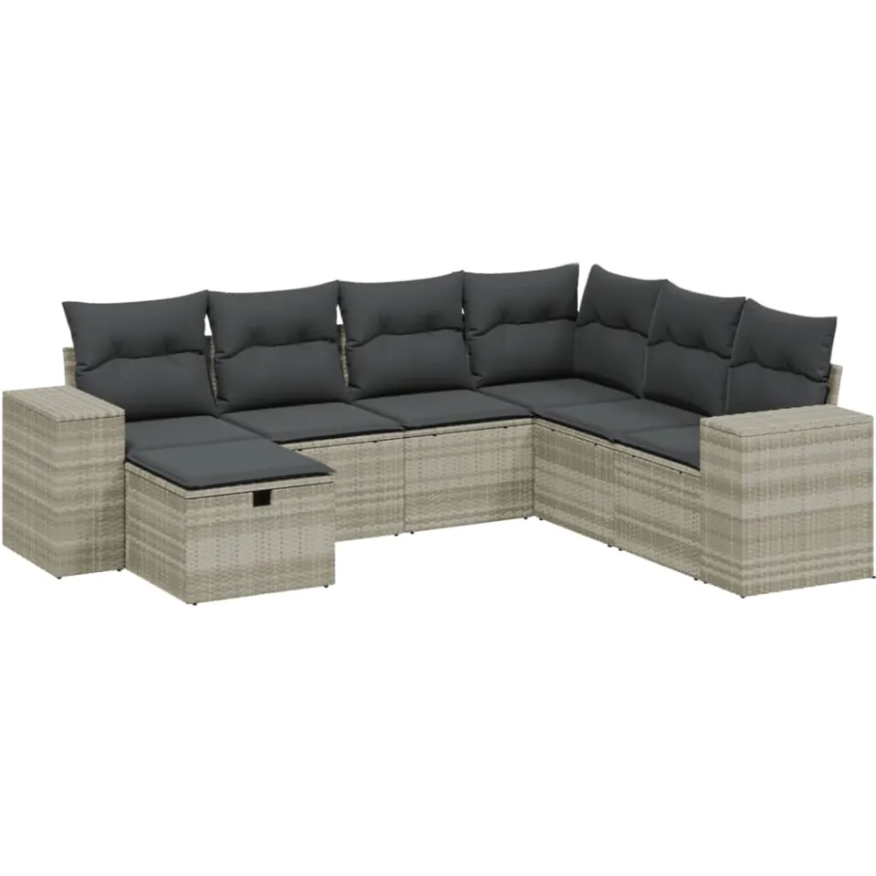 vidaXL 7-delige Loungeset met kussens poly rattan lichtgrijs grijs, foto 4