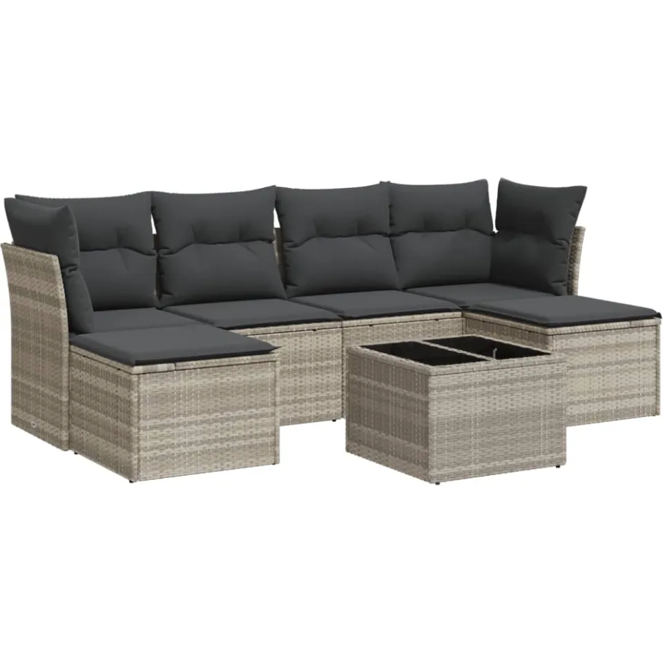 vidaXL 7-delige Loungeset met kussens poly rattan lichtgrijs grijs