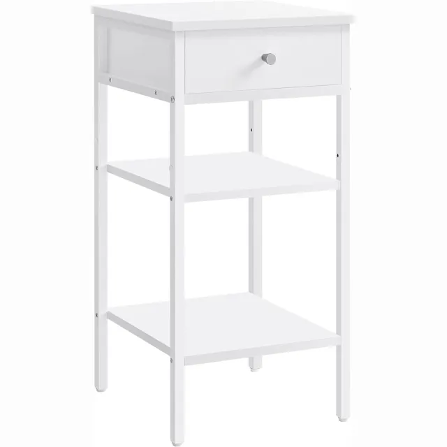 FurnStar Nachtkastje -Bijzettafel hoog met een lade en 2 open vakken - 1 verstelbare plank - Ruimtebesparend - Verstelbare poten - Modern - Wit