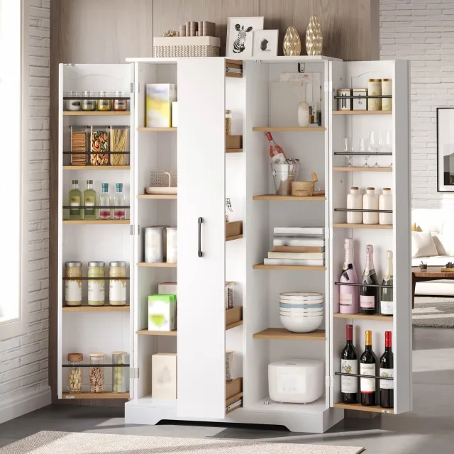 intebiki keukenkast Keukenkast met kruidenrek - ruime kast met dubbele deuren - 4-laags verticaal uittrekbare planken en modern design – 150 × 78 × 40 cm - wit