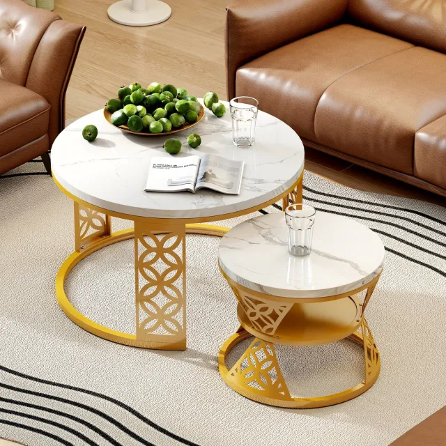 HAUSS SPOLE Salontafel Set - Contrasterend Design Met Hoogglans Marmerlook - Voor Woonkamer En Balkon - Metaal En Wit - 70x70x45 En 45x45x37 Cm Wit+Groen