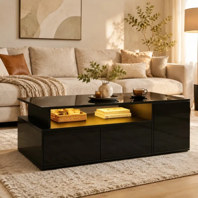 CHICFURN Salontafel - LED-verlichting - 2 lades - 3 lagen - Zwart