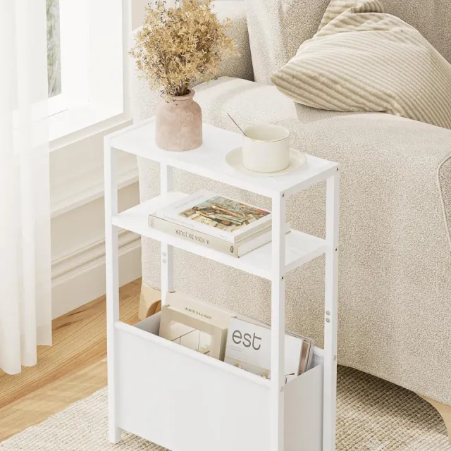 Famanu Bijzettafel met opbergruimte, 3-traps smalle bijzettafel met zak, ideaal voor kleine ruimtes in slaapkamer, woonkamer en kantoor (wit