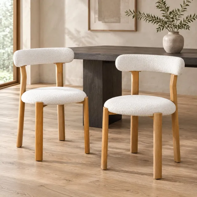 REDOM Eetkamerstoel set van 2 - Witte bouclé bekleding - Gebogen ergonomische rugleuning - Dikke zitting - Houten poten - 55,5 x 44 x 79 cm