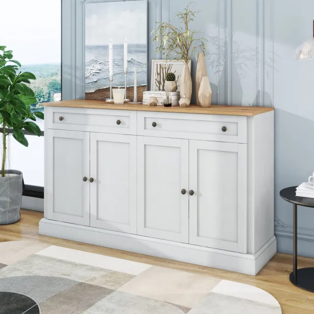 Clruro Sideboard - 150×86×40 cm - 4 Deuren + 2 Lades - Modern Buffetkast - MDF - Antiekwit/Naturel Natuurlijk Hout