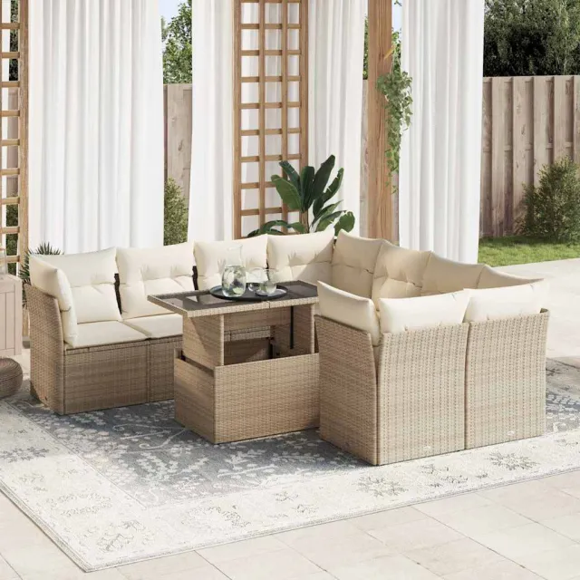 vidaXL 9-delige Loungeset met kussens poly rattan beige, foto 2