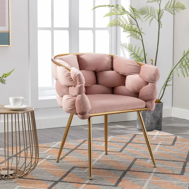 Welltin Moderne fauteuil, Loungestoel met vulling en metalen frame, Relaxstoel, TV-stoel voor woonkamer en slaapkamer, b 58 x d 59 x h 75 cm - belastbaar tot 150 kg - Rosa