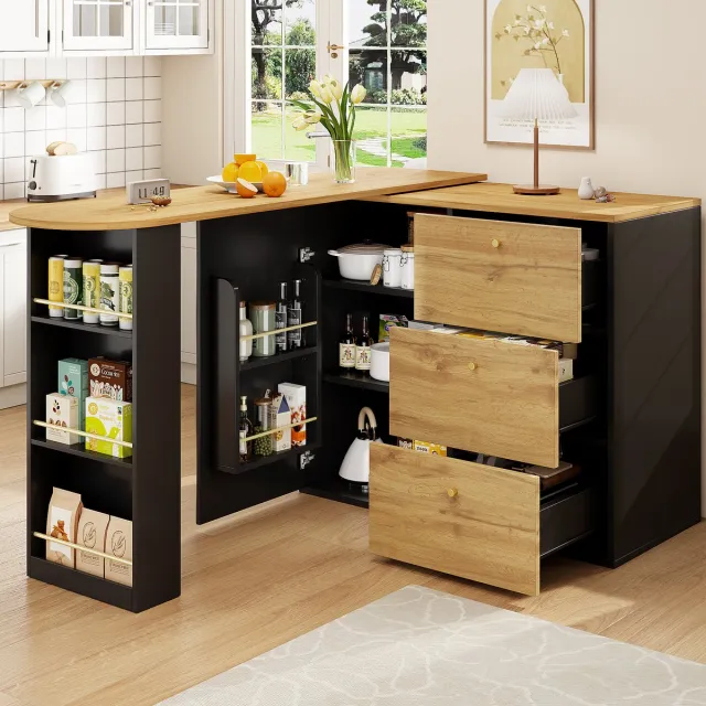 Wishdor Bartafel - Uitschuifbaar en 360° draaibaar - met 3 lades en opbergrekken - modern voor keuken en woonkamer - houtlook - zwart - 138-204 x 39 x 104 cm