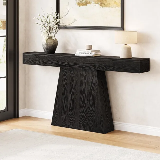 Tribesigns Consoletafel - moderne zwarte Sidetable - Hout - 160 x 30 x 80.5 cm - Smalle Consoletafel met 2 met trapeziumvormige voet voor Hal, Woonkamer, Entree