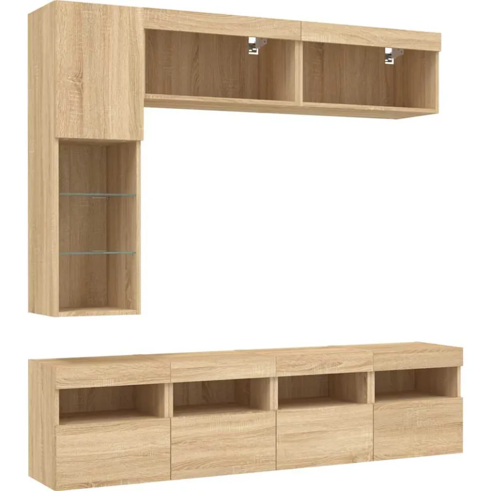 vidaXL 7-delige Tv-wandmeubelset met LED-verlichting sonoma eikenkleur Bruin