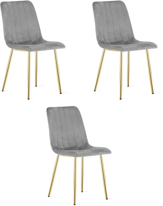 Oskar LAVA Eetkamerstoelen – Set van 3 – Grijs Velvet – Goudkleurige Metalen Poten – Comfortabele Gestoffeerde Zitting – Modern Design – Velvet Stoel voor Woonkamer, Keuken en Eetkamer – Max. 110 kg per Stoel