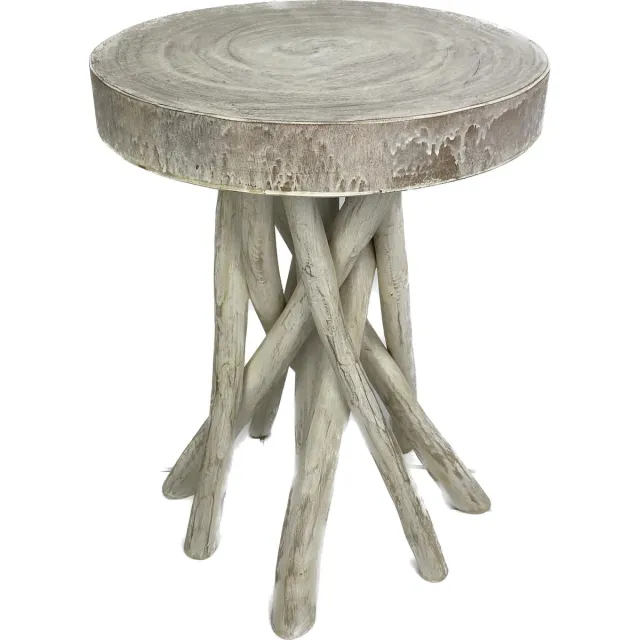 Naturn Living Teak houten bijzettafel - ø 35 x 46 cm - White wash Wit