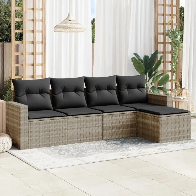 vidaXL 5-delige Loungeset met kussens poly rattan lichtgrijs grijs, foto 2