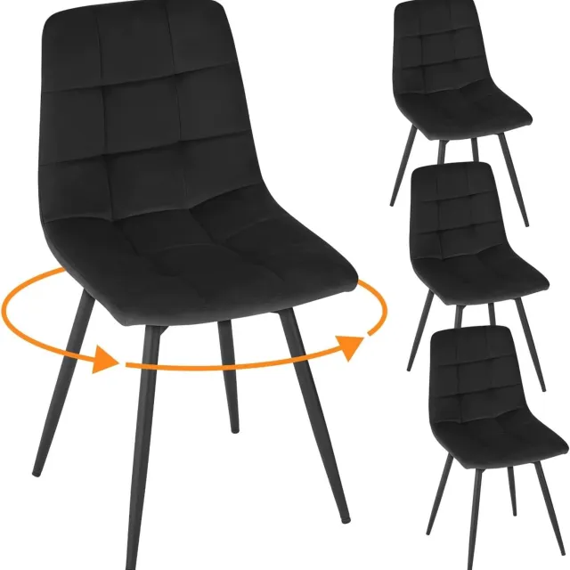 Whoopr® Set van 4 Fluwelen Eetkamerstoelen – 360° Draaibare Stoelen met Gewatteerde Zitting & Rugleuning – Metalen Poten – Moderne Keukenstoelen – Draagvermogen 150 kg Zwart