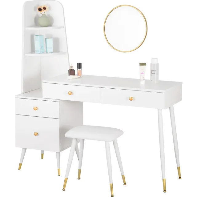 DHN Set van Witte Kaptafel Met Kruk Spiegel 4 Lades - Grote Make-Up Tafel - Moderne Cosmetische Tafel Voor Slaapkamer - Wit
