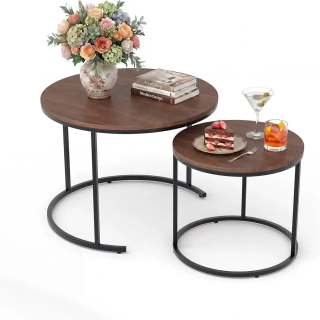JOYNEXTBUY Salontafel Set van 2 – Nesting Tafels Rond – Walnootkleur – Bijzettafels - Verstelbaar – Woonkamer, Balkon & Kantoor