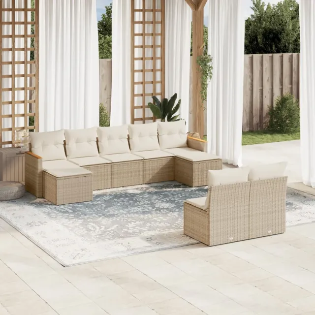 vidaXL 9-delige Loungeset met kussens poly rattan beige, foto 2