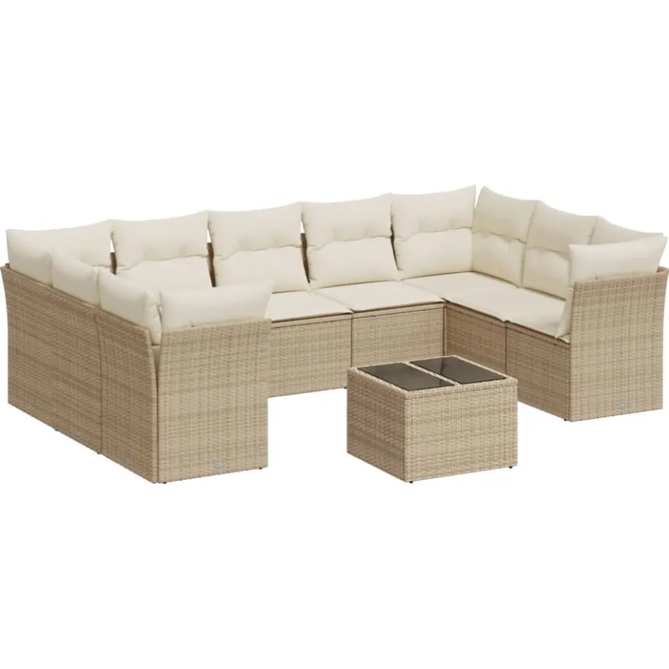vidaXL 10-delige Loungeset met kussens poly rattan beige