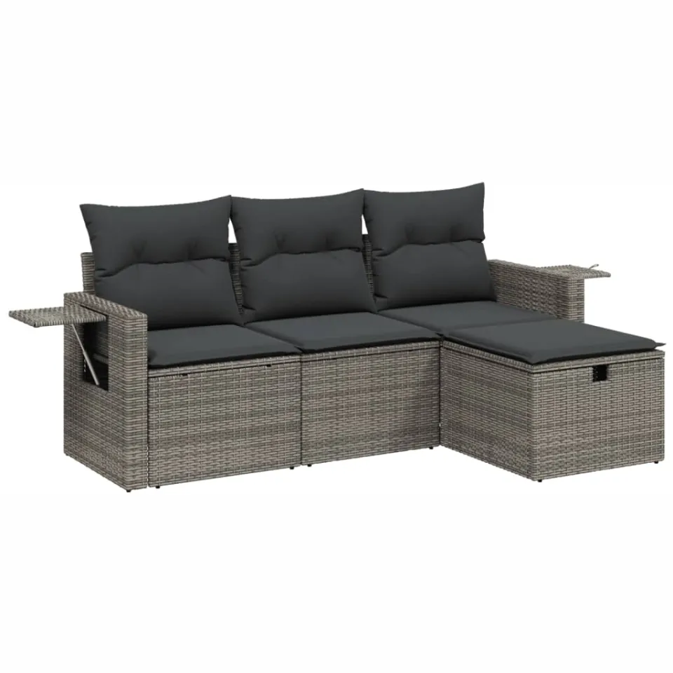 vidaXL 4-delige Loungeset met kussens poly rattan grijs, foto 3