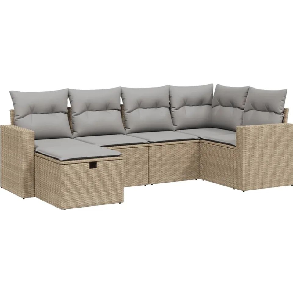 vidaXL 6-delige Loungeset met kussens poly rattan gemengd beige, foto 3
