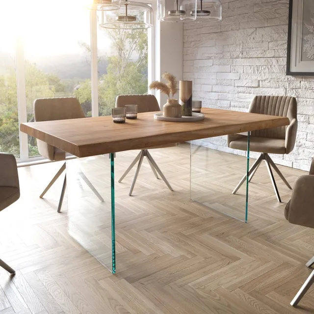 DELIFE Eetkamertafel Edge acacia natuur 160x90 XL glas Live-Edge Bruin