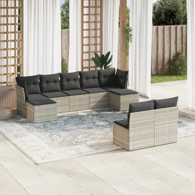 vidaXL 9-delige Loungeset met kussens poly rattan lichtgrijs grijs, foto 2