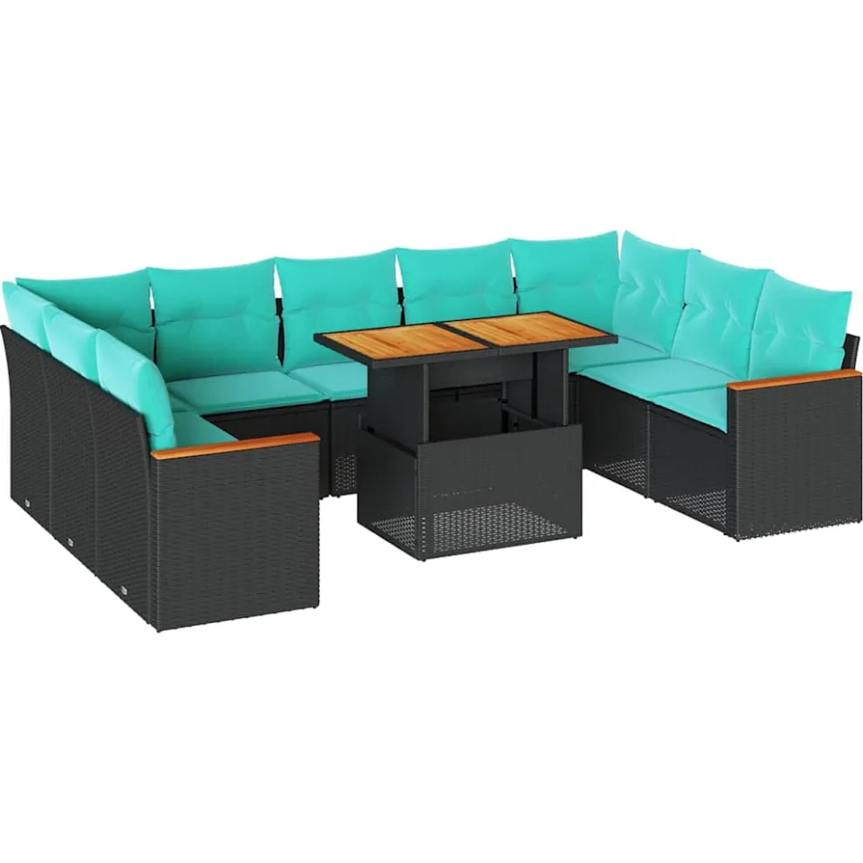 vidaXL 10-delige Loungeset met kussens poly rattan zwart, foto 3