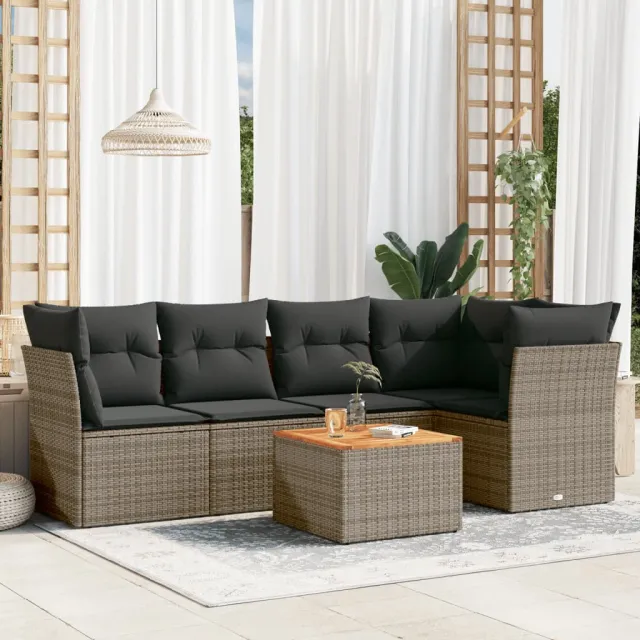 vidaXL 6-delige Loungeset met kussens poly rattan grijs, foto 2