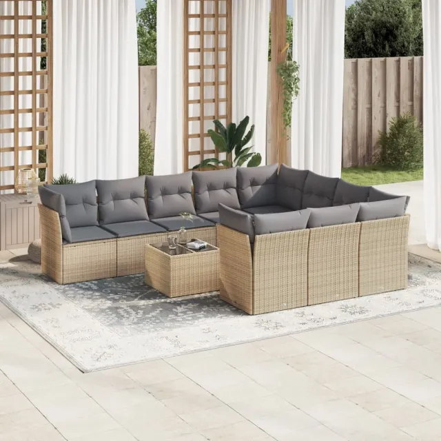 vidaXL 11-delige Tuinset met kussens poly rattan beige, foto 2