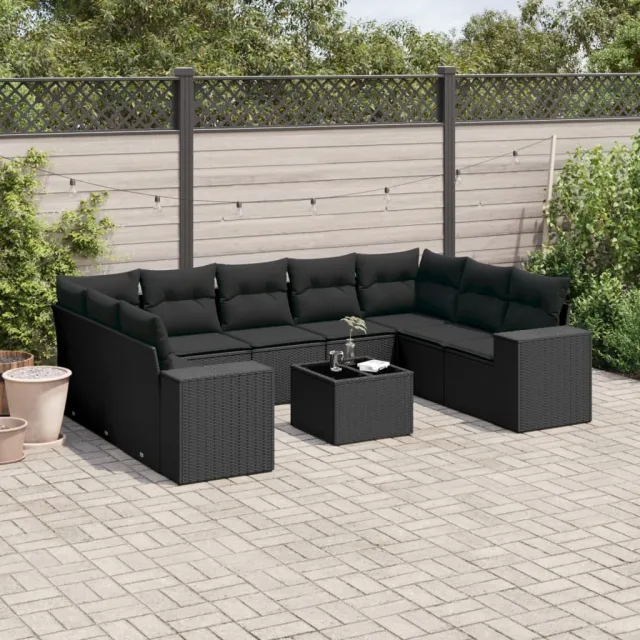 vidaXL 10-delige Loungeset met kussens poly rattan zwart, foto 2