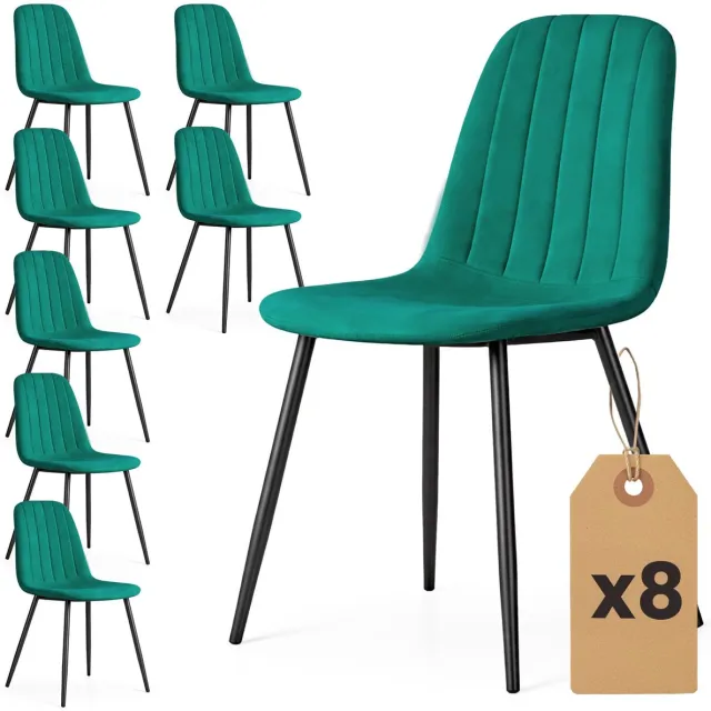 Akord Set van 8 Eetkamerstoelen LUMO / Gestoffeerde Stoelen / Fluwelen Stoelen en Metalen Poten / Flesgroen met zwarte benen