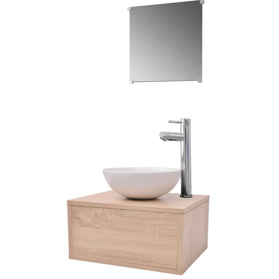 vidaXL Badkamermeubelset 4-delig met kraan en wasbak beige