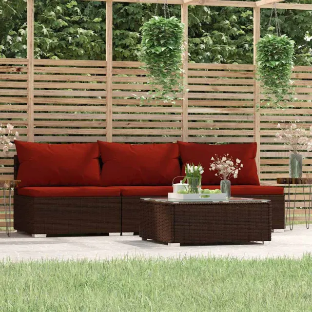 vidaXL 4-delige Loungeset met kussens poly rattan bruin, foto 2