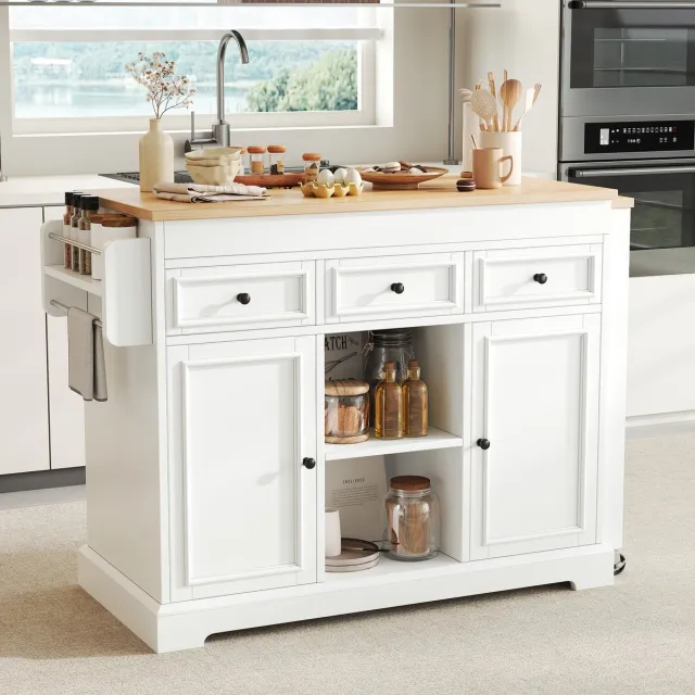 COVREO Keukeneiland 112-188x45x92 cm wit naturel, met laden en kruidenrek