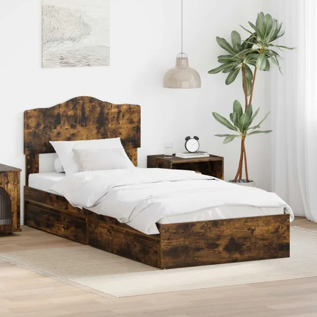vidaXL Opslag bed met lade Gerookt eiken 90 x 200 cm Bewerkt hout Bruin