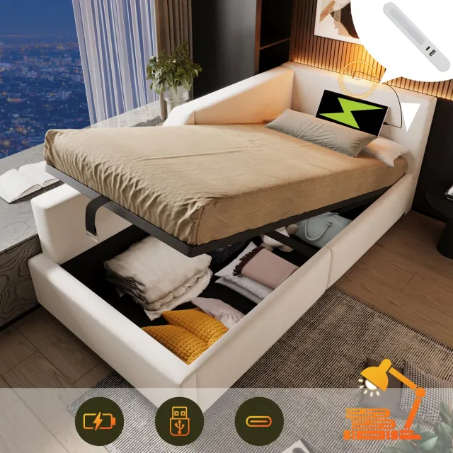 STILVORA Slaapbank - 90x190 cm - Eenpersoonsbed Met Hydraulische Opbergruimte - USB Type-C en Leeslamp - Perfect Voor Logeerbed - Fluweel - Beige