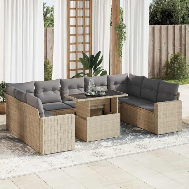 vidaXL 10-delige Loungeset met kussens poly rattan beige, foto 2
