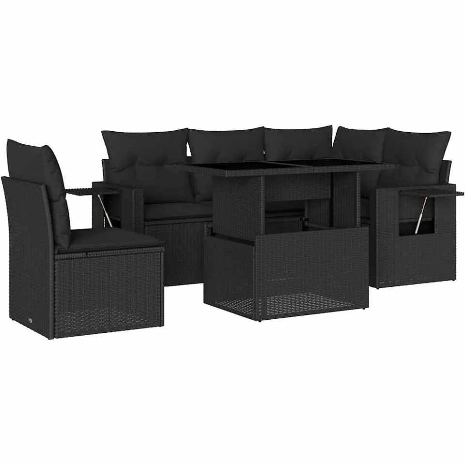 vidaXL 6-delige Loungeset met kussens poly rattan zwart, foto 3