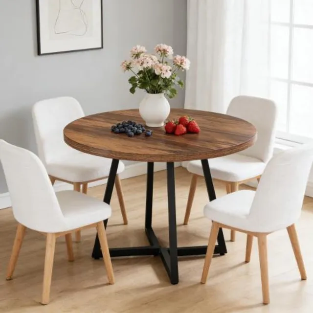 DESMIU Eettafel - Industrieel Rond Design Met Metalen Frame - Voor Keuken En Woonkamer - MDF - Zwart En Rustiek Bruin - 80 Cm