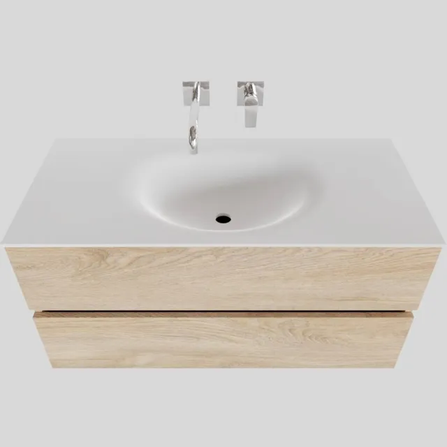 Boss & Wessing Badkamermeubel Solid Surface BWS Stockholm 100x46 cm Midden Wood Washed Oak (0 kraangaten) Houtlook
