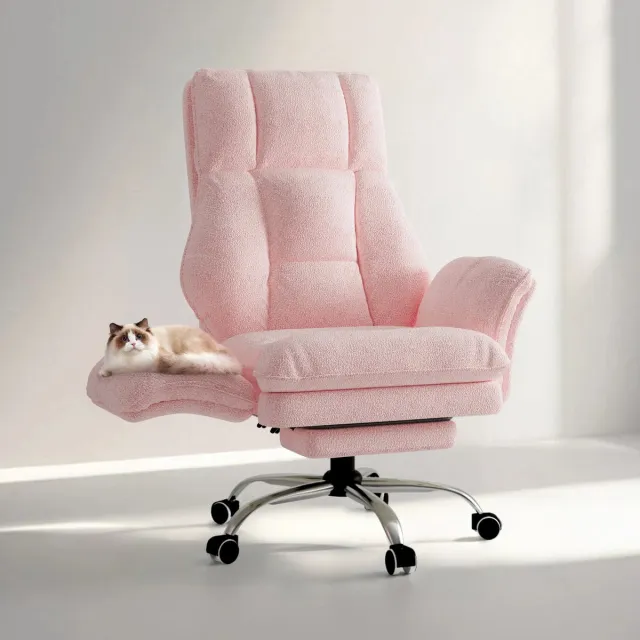 RosaBloom Bureaustoel - Gamestoel - Fauteuil - Ergonomisch - Pink Teddy Fleece - Grote Zitting - Opklapbare Aeun Roze