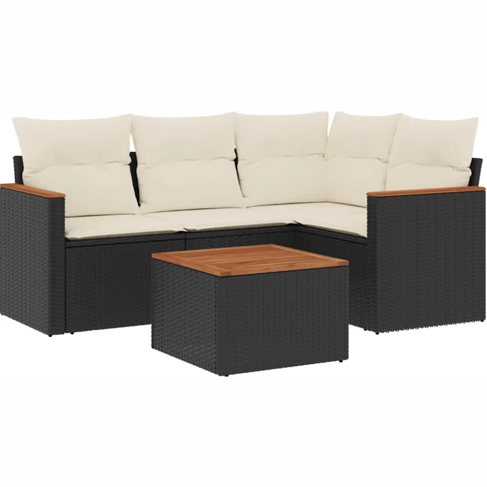 vidaXL 5-delige Loungeset met kussens poly rattan zwart