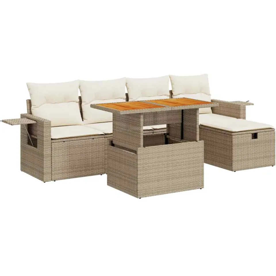 vidaXL 6-delige Loungeset met kussens poly rattan acacia beige, foto 3