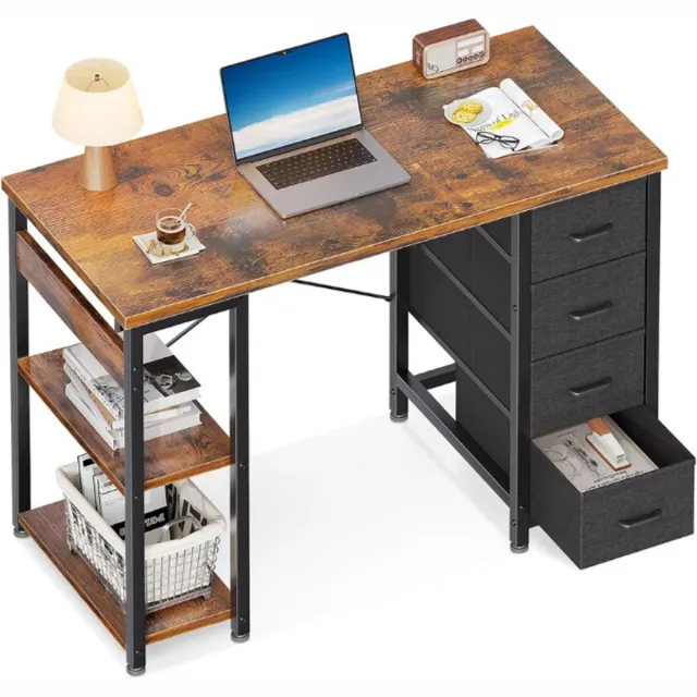 Coleshome Klein bureau met 4 stoffen lades, 100 x 40 cm, bureau met omkeerbare planken, studietafel voor kantoor, slaapkamer, bruin