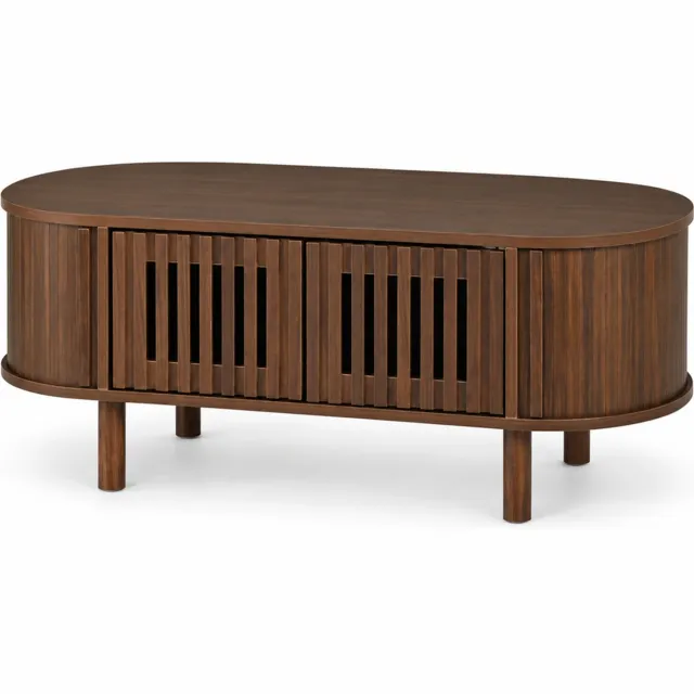 City long dragon LONG DRAGON – Salontafel – Lamellenfronten, rolluikschuifdeur en houten poten – Walnootkleur – 100 × 40 × 38 cm