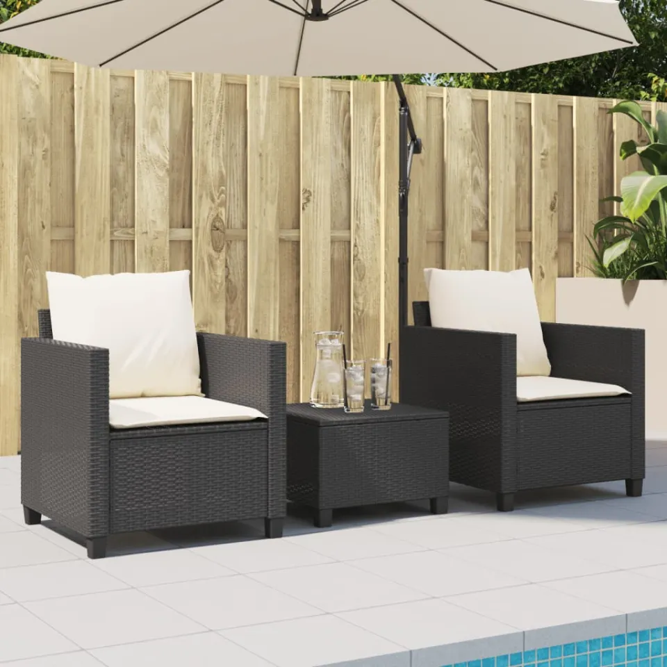 vidaXL 3-delige Bistroset met kussens poly rattan zwart, foto 2