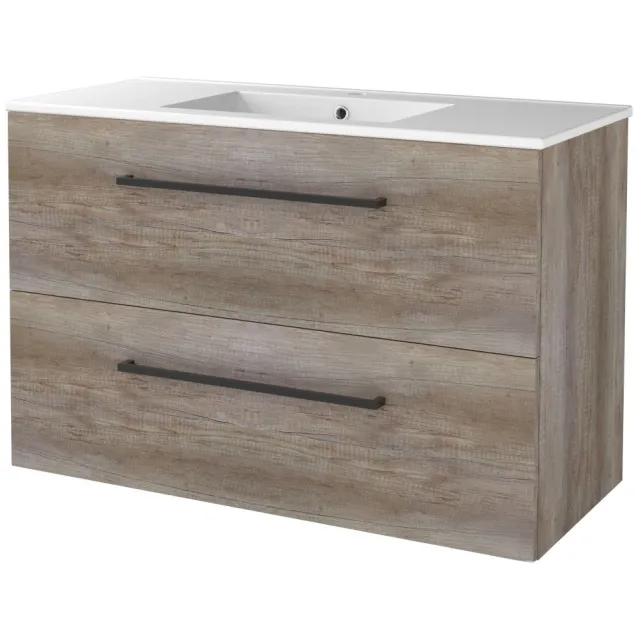 Boss & Wessing Badmeubelset BWS Salt 100x46cm Met Grepen 2 Lades Met Wastafel 1 Kraangat Scotch Oak Bruin